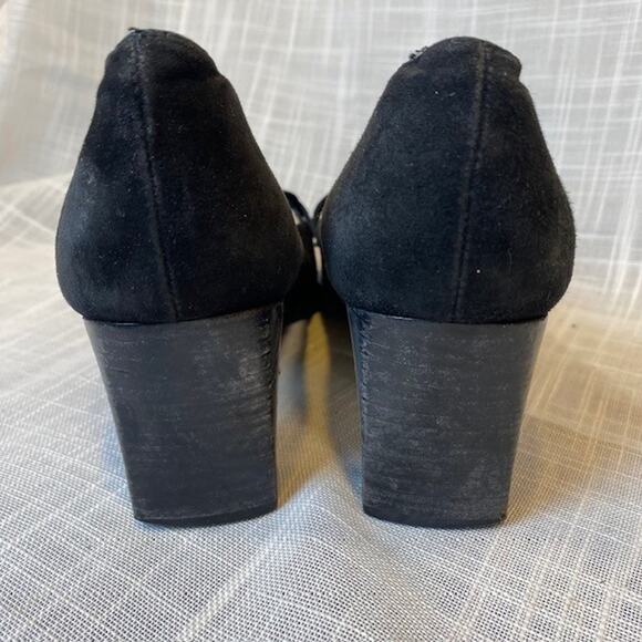 Stuart Weitzman Square Toe Pump Black Suede Buckle Strap Heel Womens Size 9 AA - Picture 5 of 8